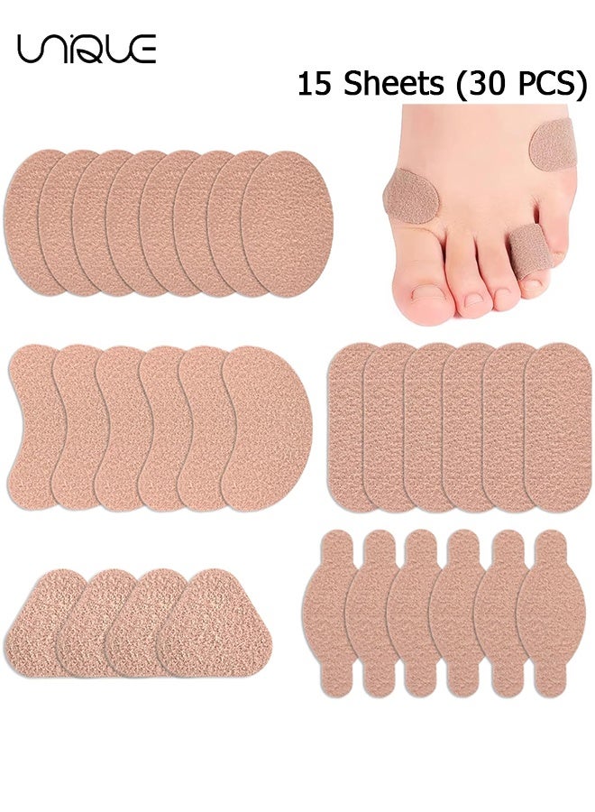 يونيك 15 ورقة (30 قطعة) وسادات البونيون - وسادات رغوية لصمغ لون البشرة لإكسسوارات الحذاء (5 أشكال) - للرجال والنساء لتقليل الاحتكاك، مسامير القدم، تخفيف الألم والخدوش - Image 1